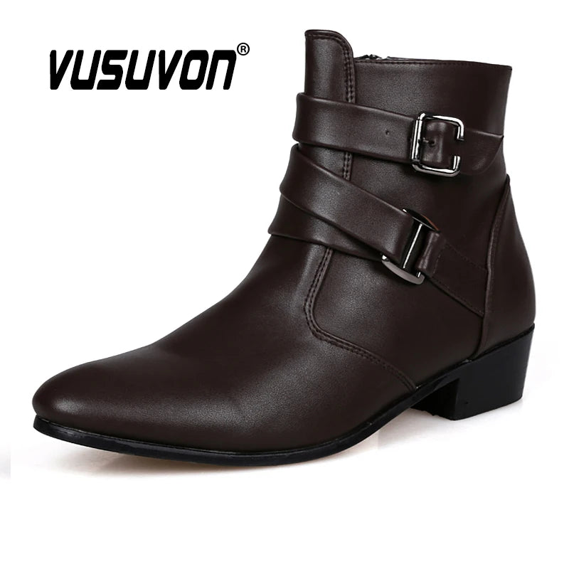 VUSUVON Fashion Men Spring Autumn Pointed Toe Height Increase Chelsea Ankle Boots Western High Top Casual Shoe PU Leather