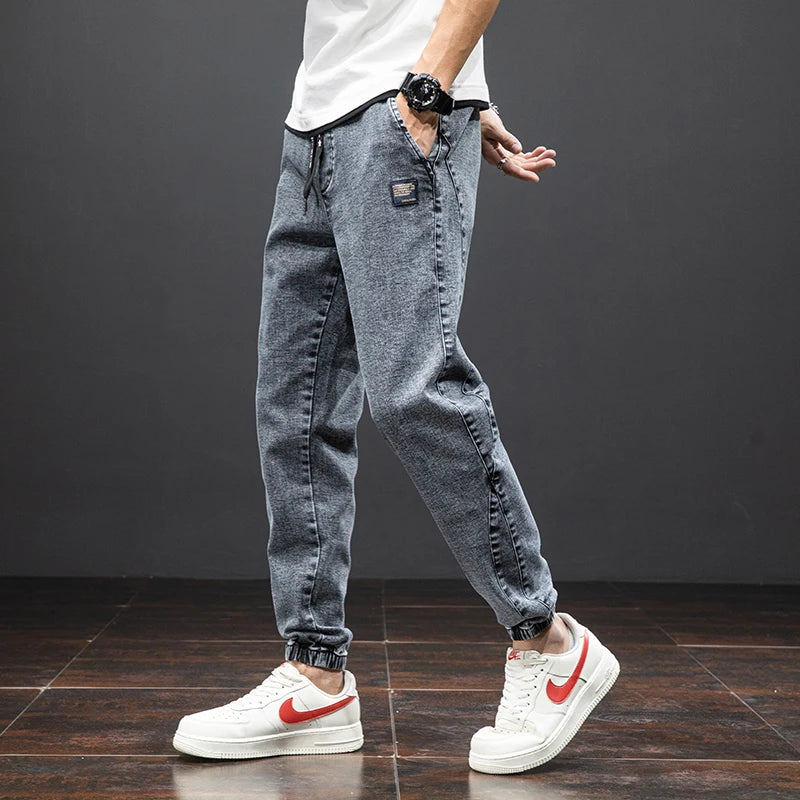 Mens Denim Cargo Jogger Pants, Baggy Harem Style, Drawstring Waist Plus Size