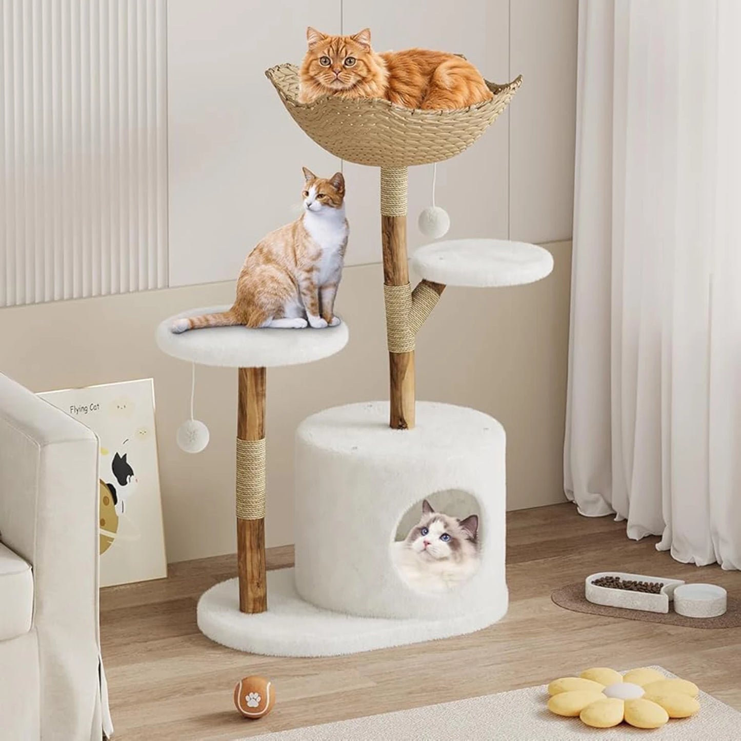 Cat Tree for Large Cats, Wood Cat Tower with Rattan Basket and Platform, Luxury Condo & Perches,Climbing Tree House for Cats