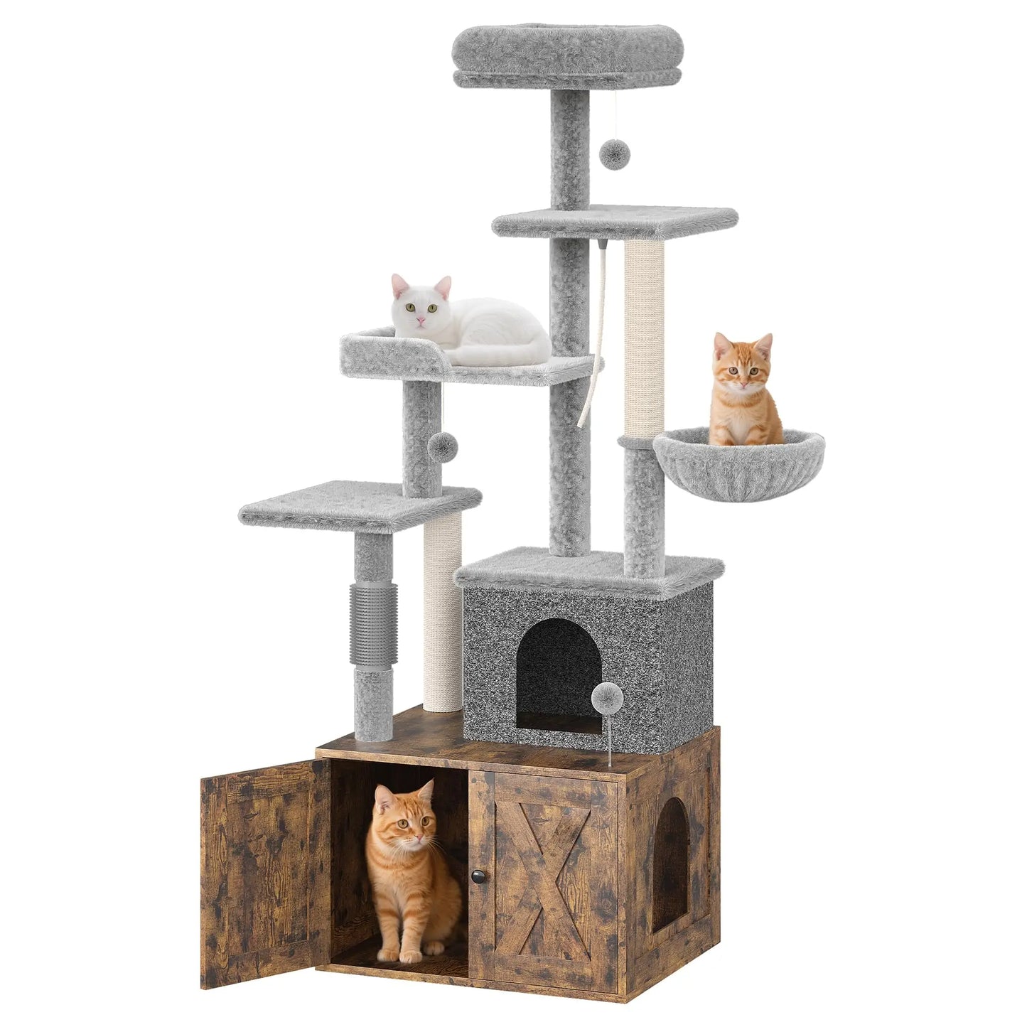 55" 2-in-1 Cat Tree With Litter Box Enclosure Multilevel Cat Play House Large Condo Hammock Scratching Post Odor Control Indoor