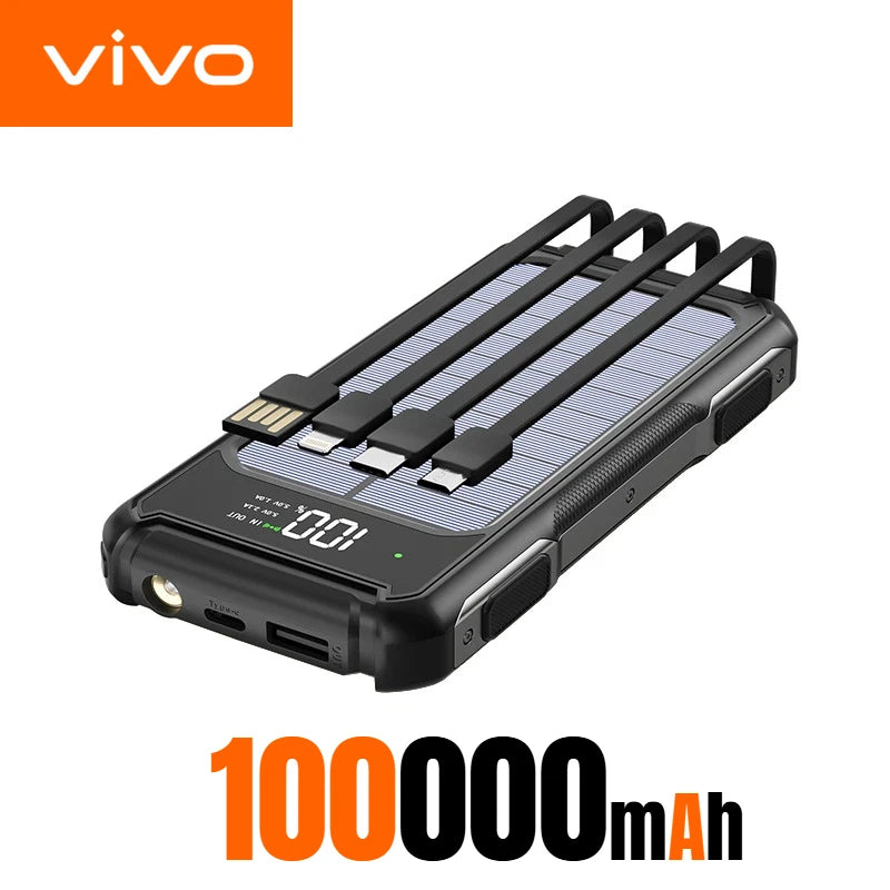 VIVO 200000mAh Solar Power Bank Large Capacity 4 in 1 Built in Cables Intelligent Digital Display Laser Light For Samsung