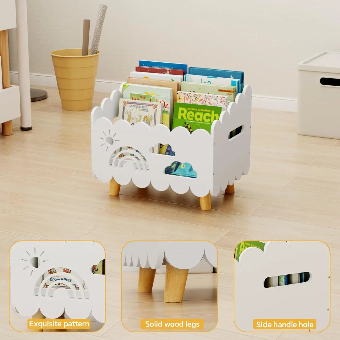 Kids Wooden Bookshelf with Adjustable Dividers, Montessori Style for Room & Classroom Storage