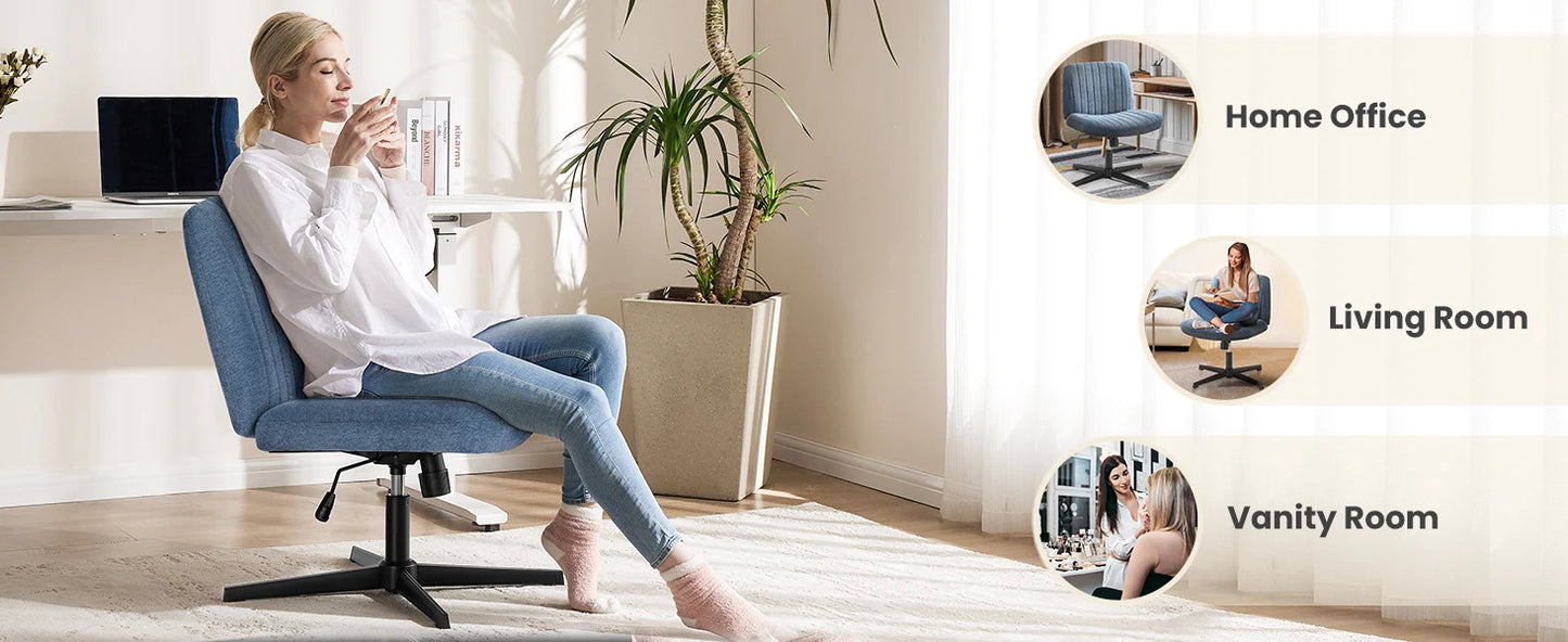 Criss Cross Legged Office Chair, Armless Wide Seat No Wheels, Modern Home Desk Height Adjustable Swivel