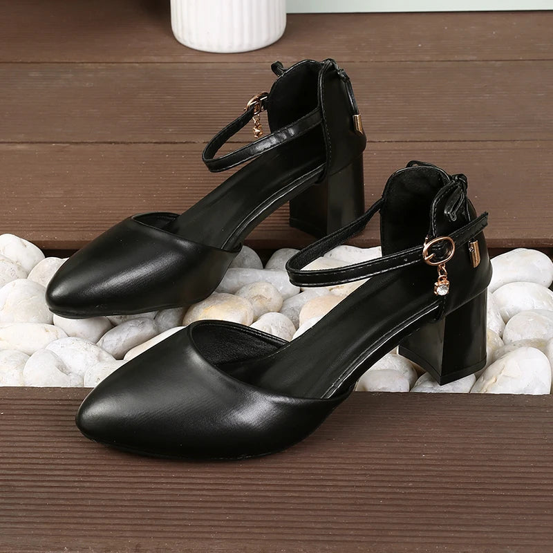 Thin Strap Pump With Bowknot Buckle, Pointed Toe, Square Heel