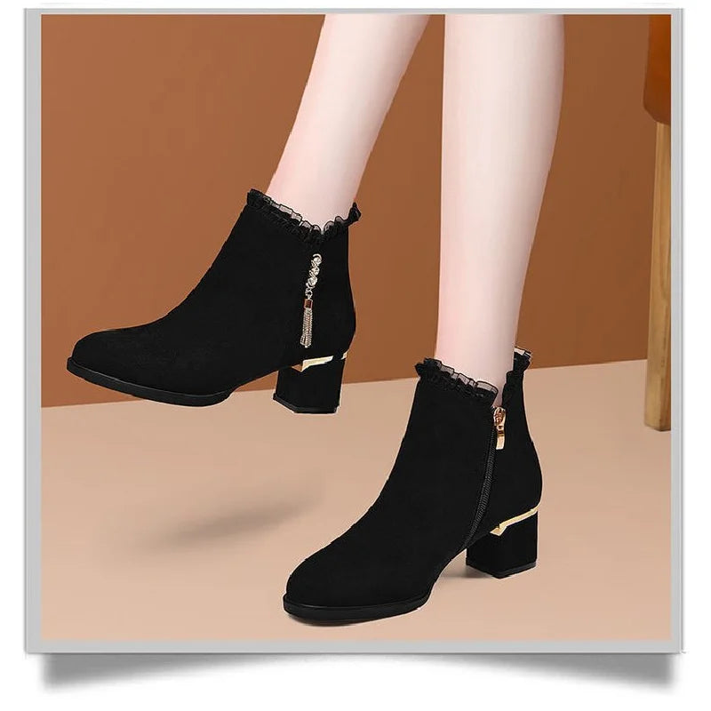 2025 New British Style Winter Boots Women - Round Toe Tassel Furry Lined Mid Heel Ankle Boots Diamond Decor Zip Side