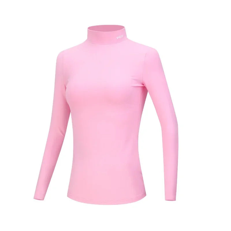 PGM Autumn Winter Women Fleece Golf Underwear Ladies Warm Golf Long-sleeved T-shirt Stand Collar Shirt Elastic Windproof Tops
