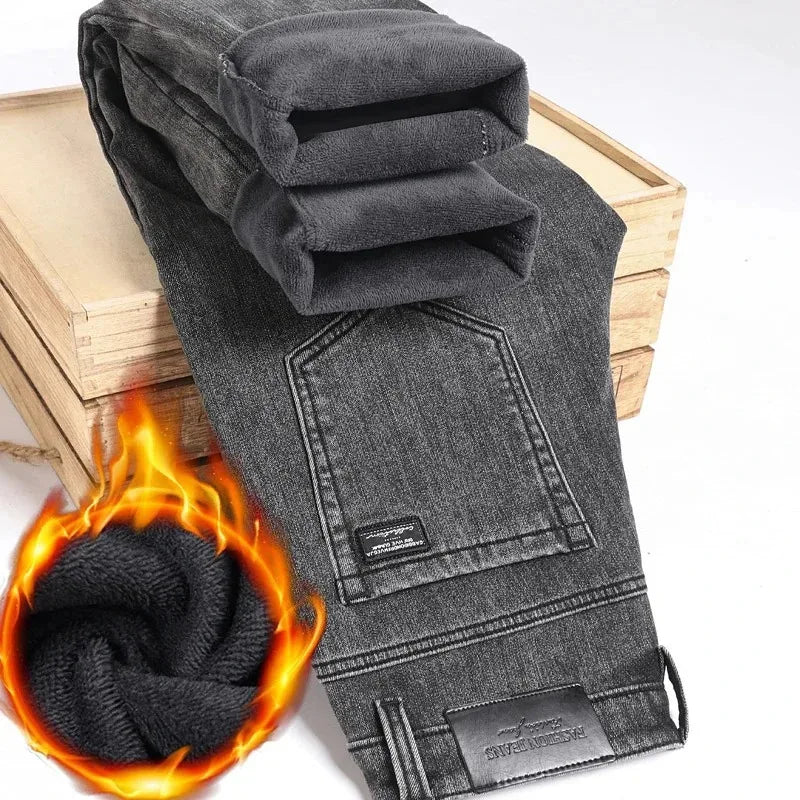 Plus Size Men's Black Straight Stretch Denim Jeans With Fleece Lined Warm Velvet