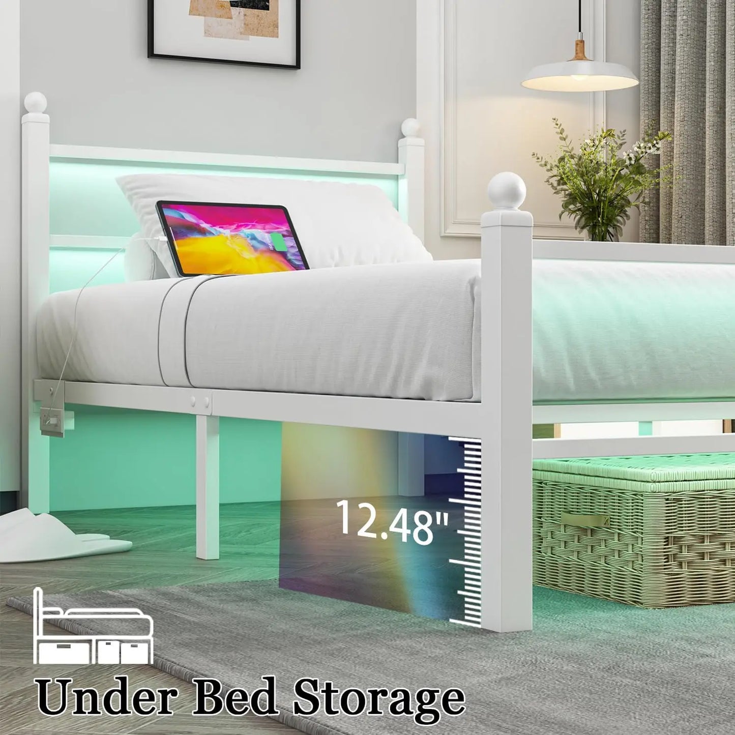 Twin Size Bed Frame with LED Lights & Charging Ports, Heavy Duty Metal Slats, Noise Free, Easy Assembly for Kids Room