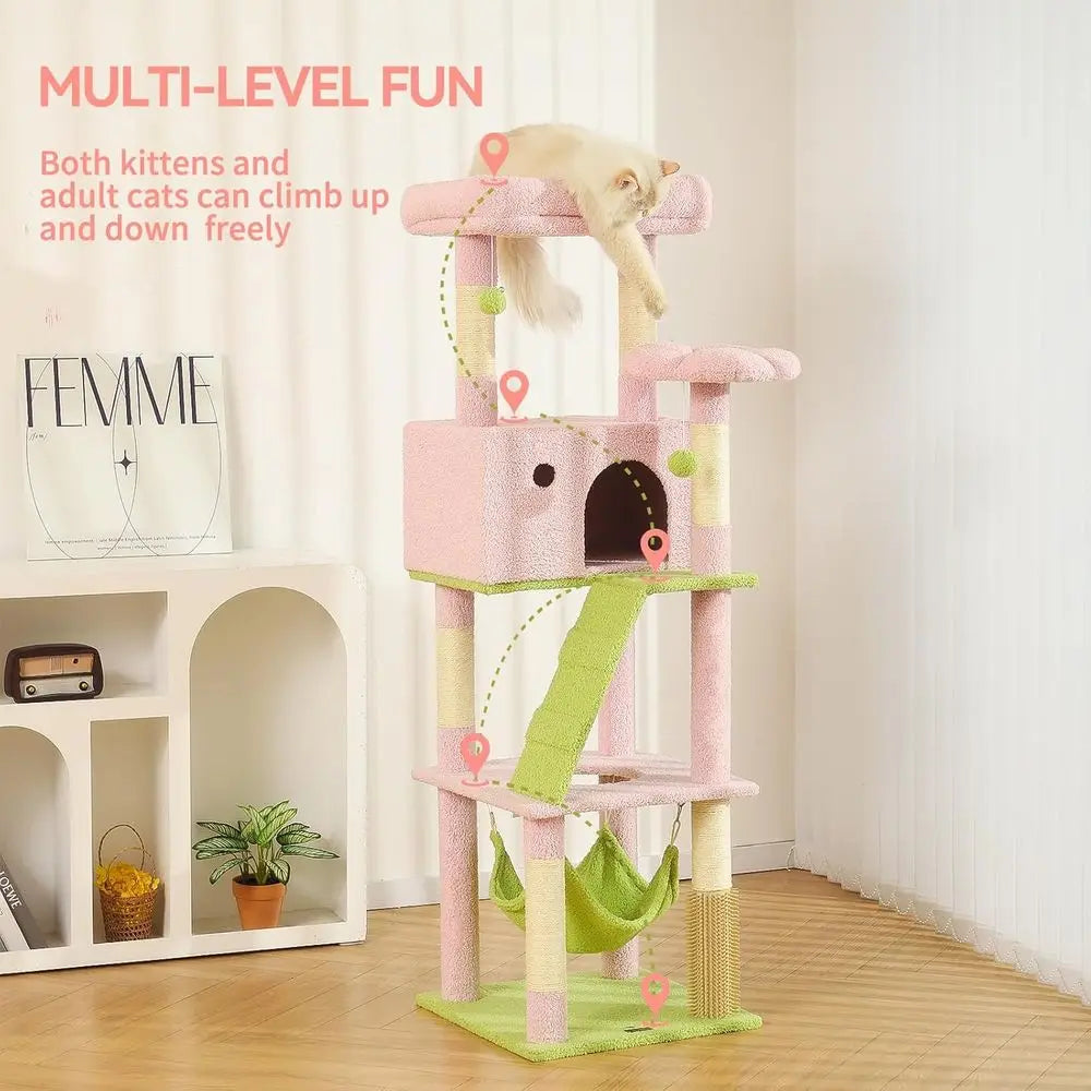 65 Pink Large Cat Tree with Extra Condo, 2 Perches, Hammock & 6 Sisal Posts