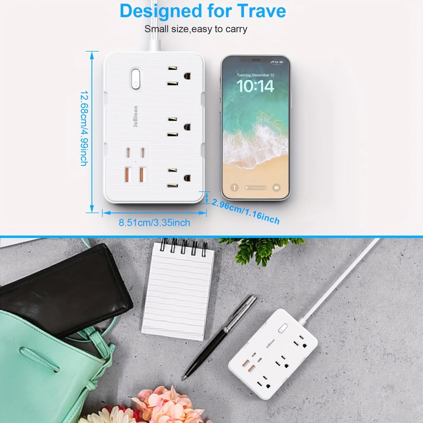 Surge Protector Ultra Thin Flat US Plug with 6 Widely Outlets 4 USB Ports,5ft Extender Cable,Power Strip Adapter for Home Office