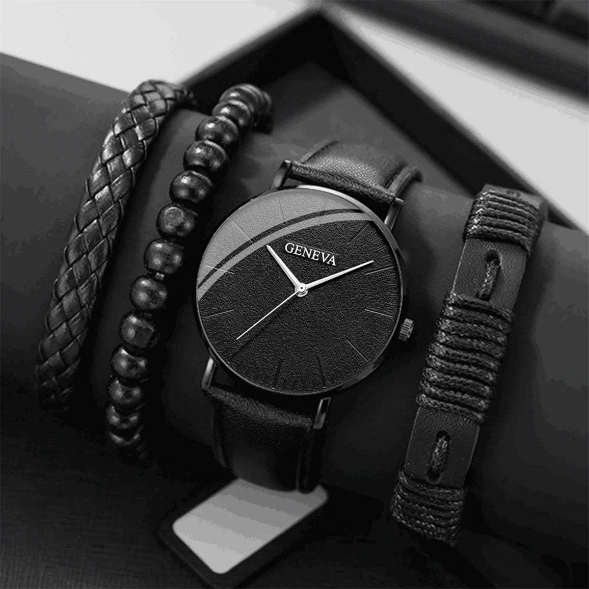 Men’s Stylish Leather Watch & Bracelet Set