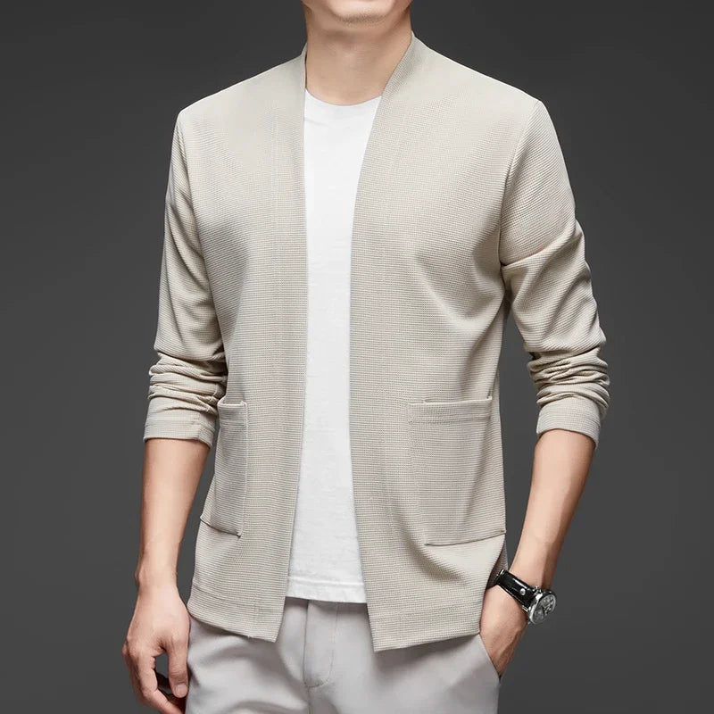 New Men's Business Casual Long Sleeved Solid Color Cloak Jacket Knitted Comfortable and Fashionable All Season Versatile Top