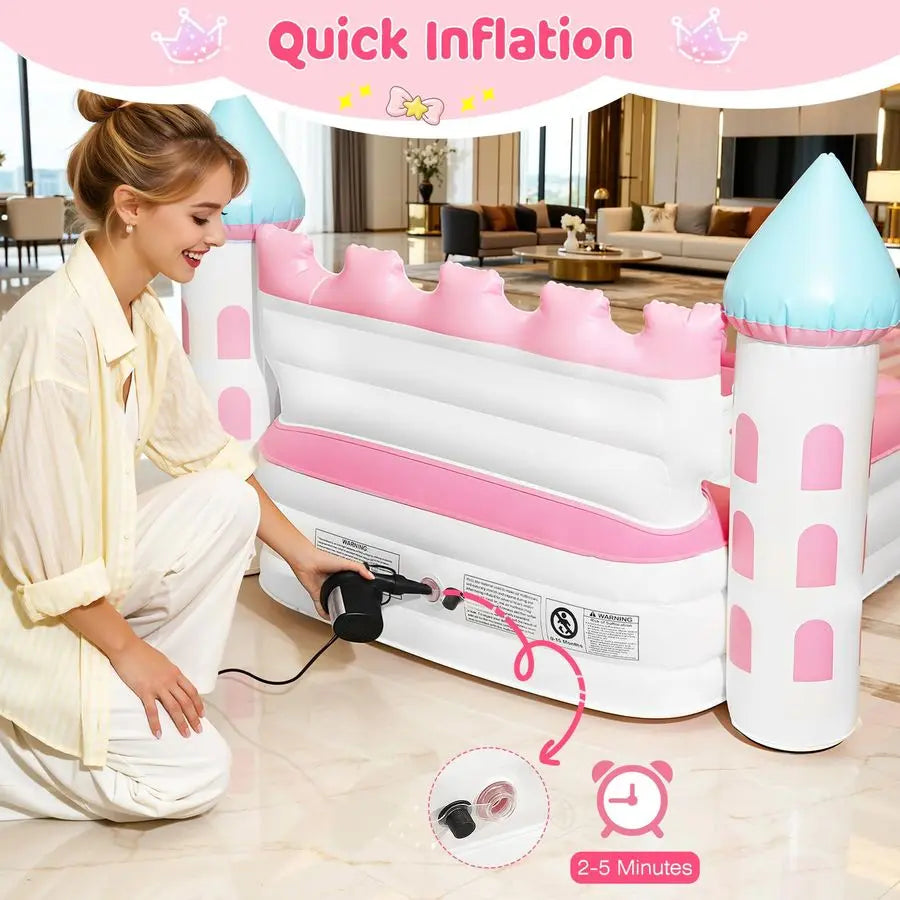 Inflatable Kids Bed, Pink Castle Toddler Travel Bed with Electric Air Pump, Kids Blow Up Mattress with Portable Storage Bag, Kid