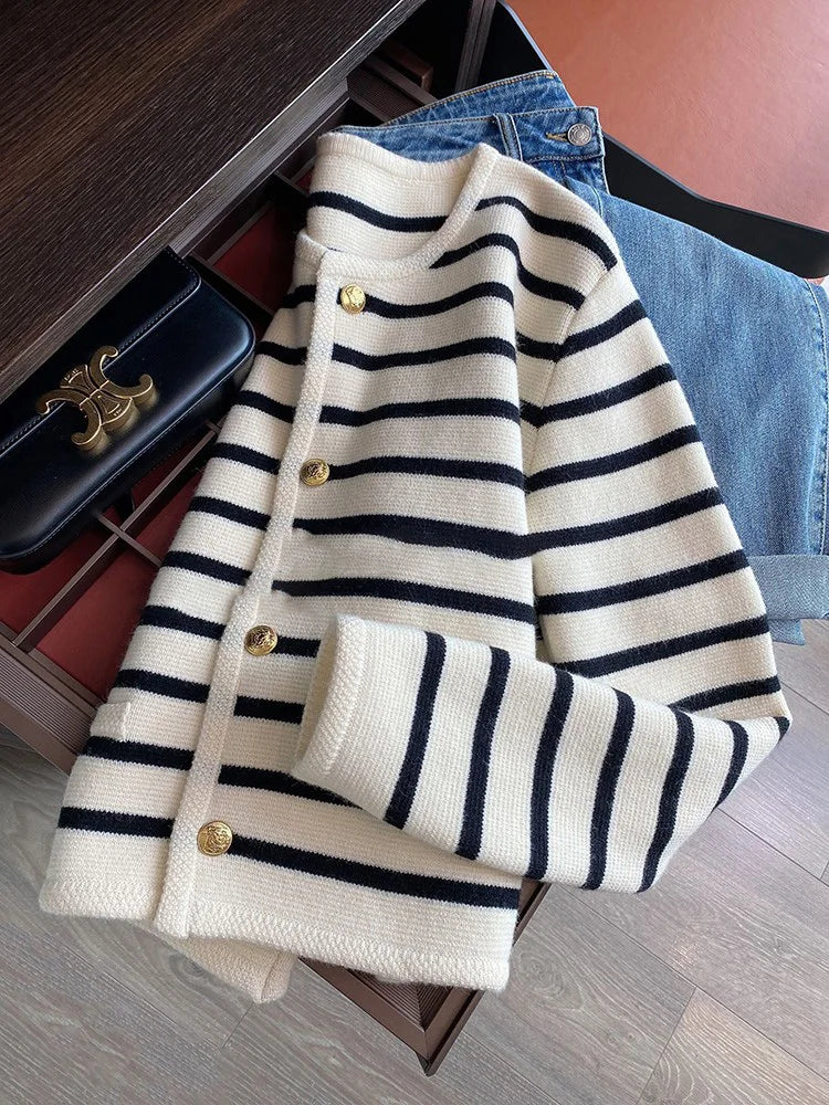 AOSSVIAO New 2025 Women Spring Autumn Sweaters O-neck Stripe Knitted Cardigan Fashion Long Sleeve Casual Short Tops Korean Style