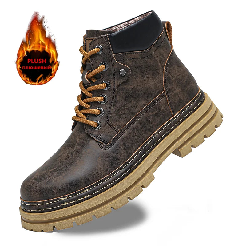 Men's Winter Snow Boots Leather Plush Lining Ankle High Lace Up