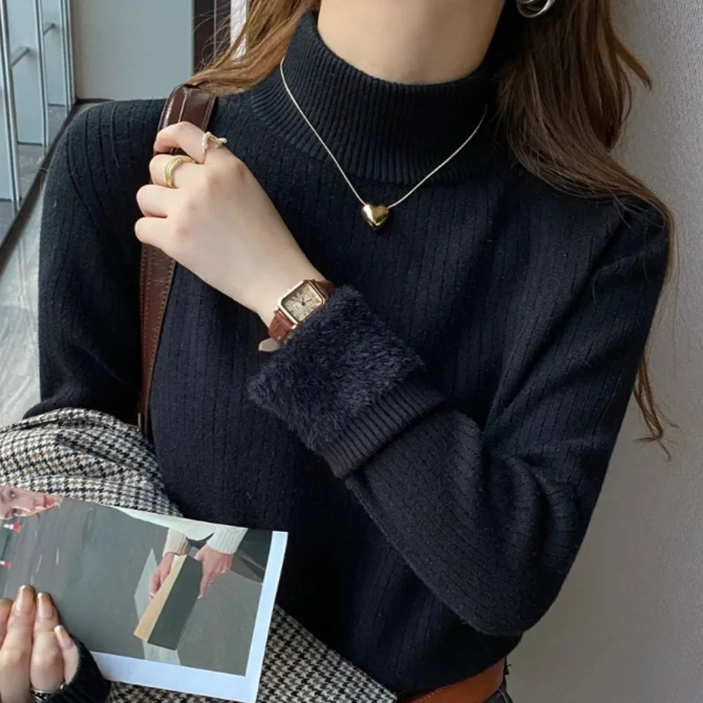 Women's Turtleneck Sweater Winter 2025 Retro with Velvet Lining Thickened Inner Wear Thermal Knitting Bottoming Shirt Pullovers