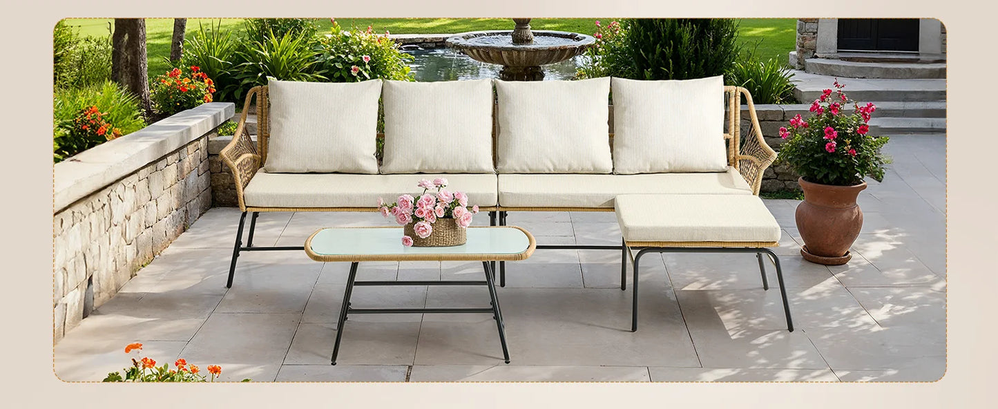 4-Piece Outdoor Sectional Set, Wicker Patio Couch Sets and Glass Coffee Table, L-Shaped Waterproof Olefin Fabric Outdoor Sofa