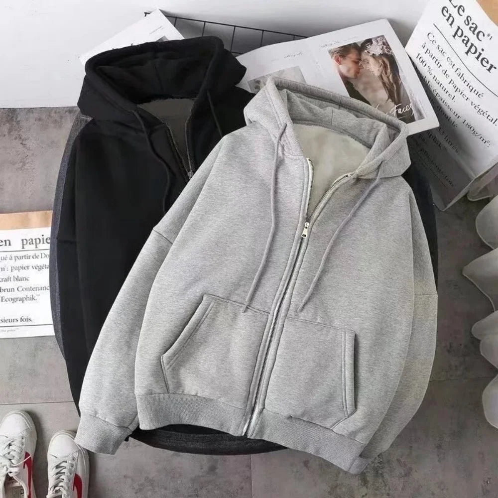 Elegant Women Chic Hoodies Fashion Autumn Winter Fleece Long Sleeve Solid Color Hooded Top Casual Office Lady Zipper Sweatshirts