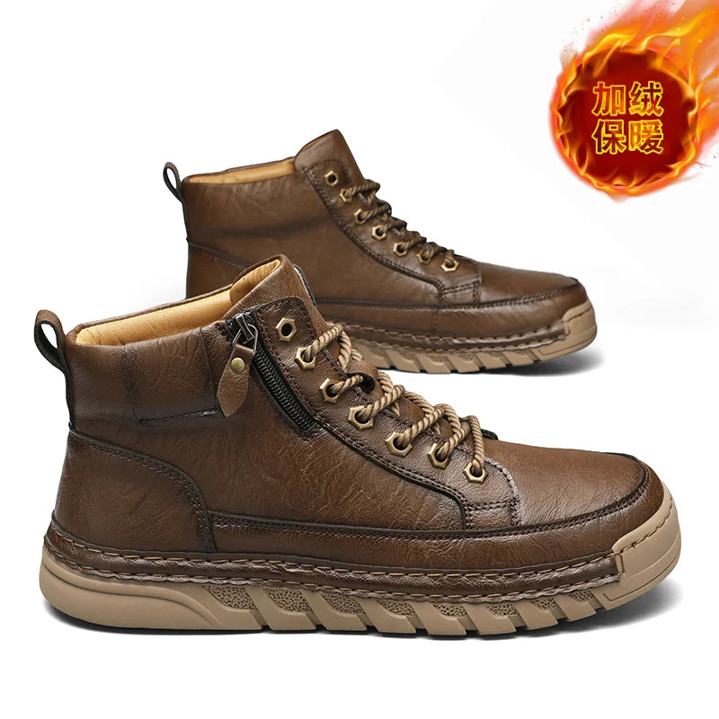 Men Leather Boots Mid Calf Lace Up Anti Slip Rubber Outsole