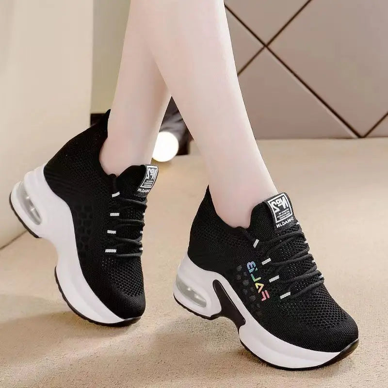 Breathable Women's Lace Up Wedge Sneakers With Thick Sole