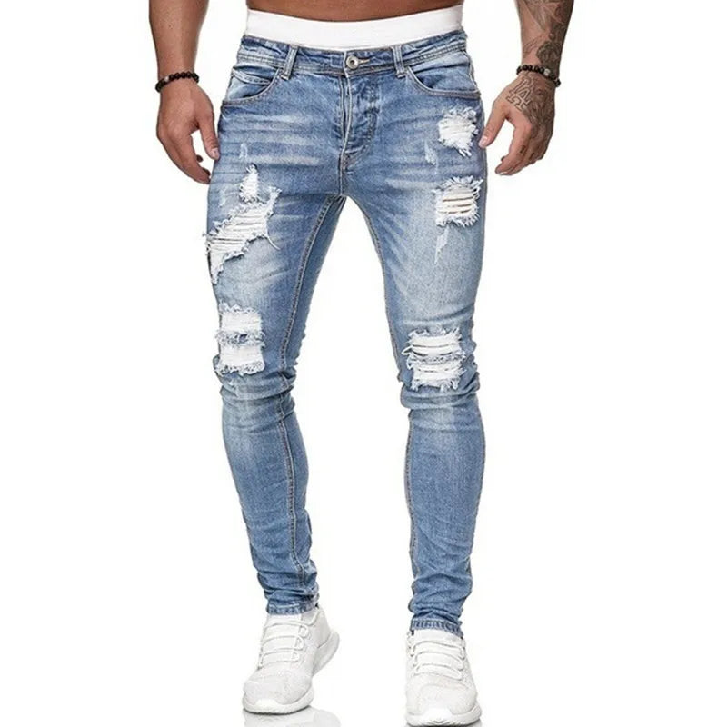 Men's Ripped Skinny Jeans Denim Vintage Wash Slim Fit