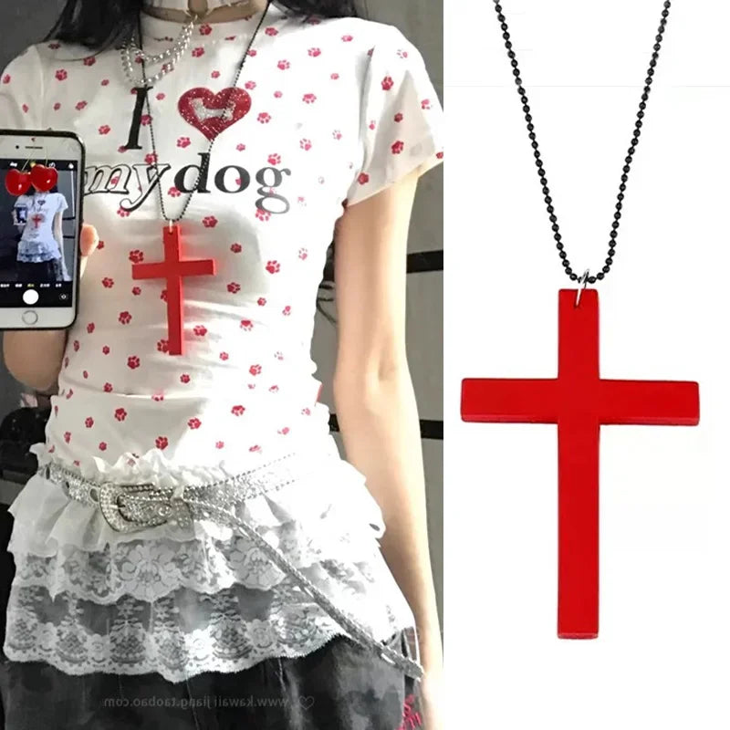 2025 New Cool Punk Gothic Wood Cross Pendant Necklace for Women Men Vintage Black White Hip Hop Y2k Necklace Party Jewelry Gift