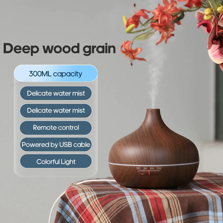 KINSCOTER Wood Grain Aromatherapy Diffuser 300ml Essential Aroma Oils Ultrasonic Air Humidifier 3 Timers USB Color Light
