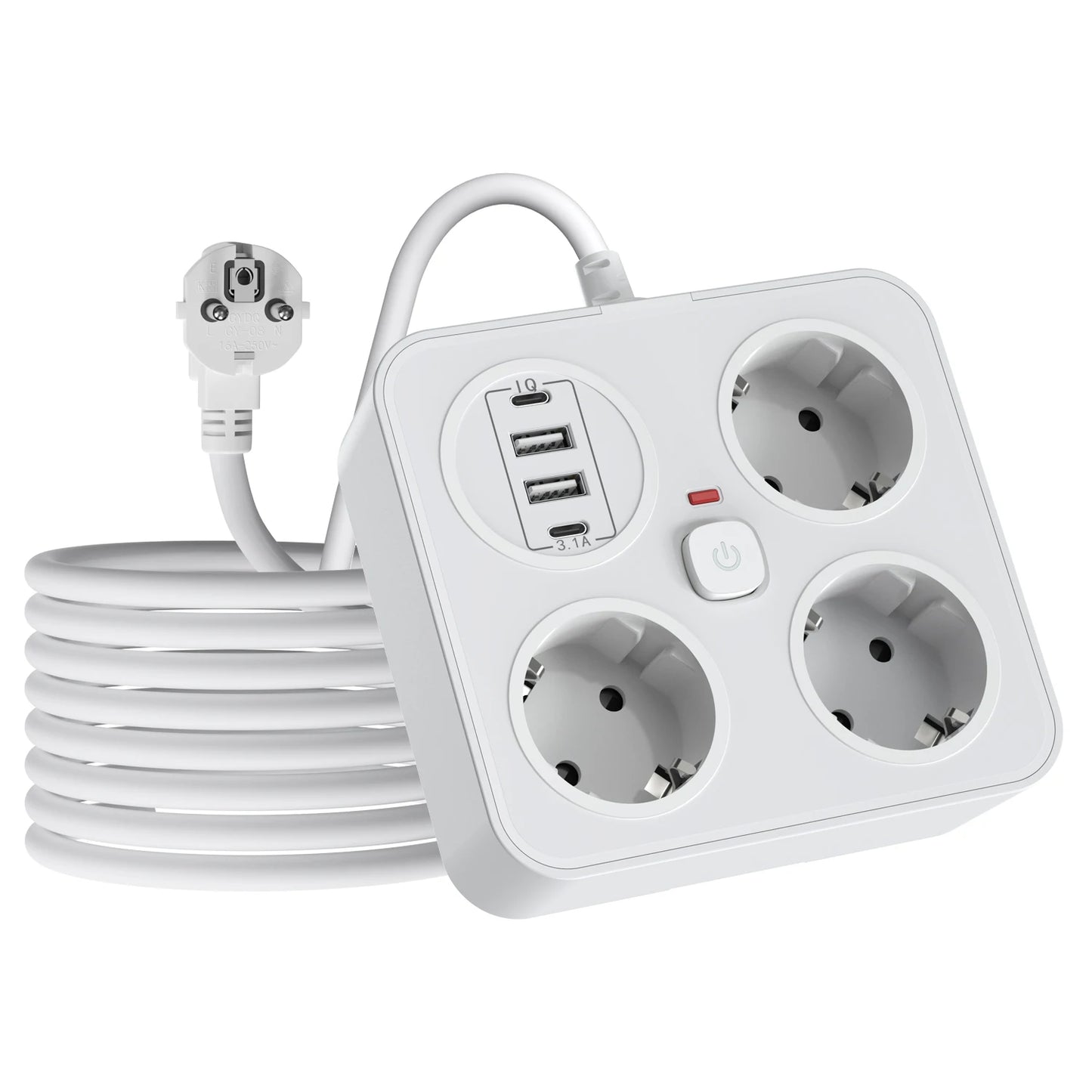 European plug extension cord power strip with 3AC+2USB-A+2USB-C with switch multi-contact socket 13A 250V 3250W surge protector