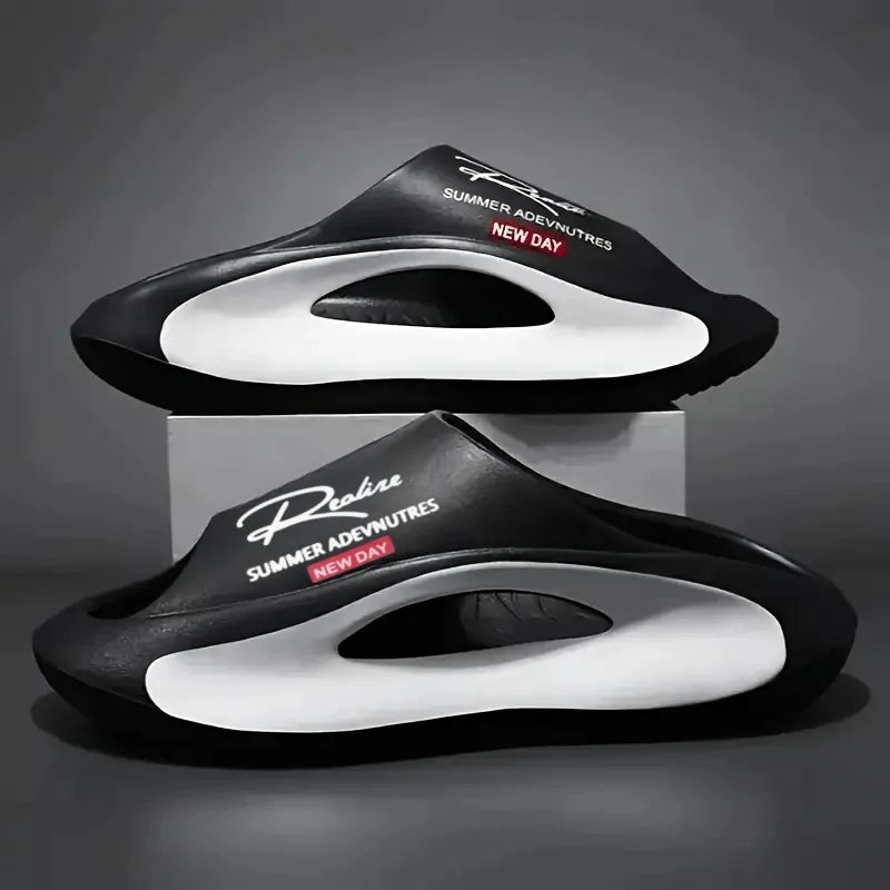Lightweight EVA Men's Slide Open Toe Black and White Cartoon Design