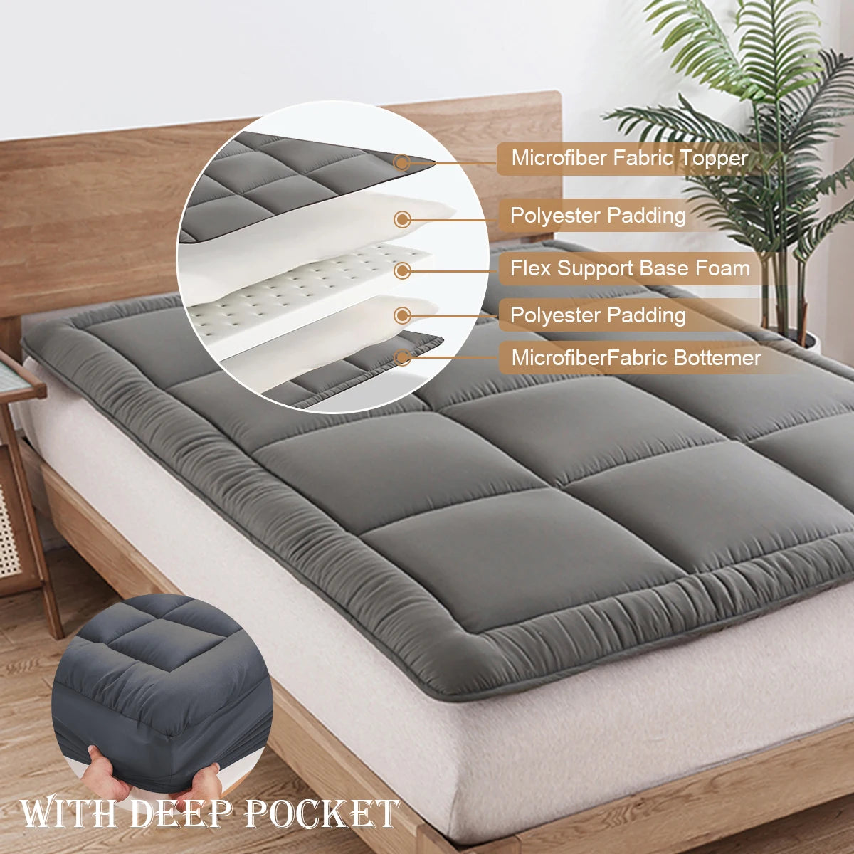 Memory Foam Mattress Topper for Back Pain Relief, Down Alternative-Lined Mattress Pad, Filled with Breathable & Soft Pillow Top