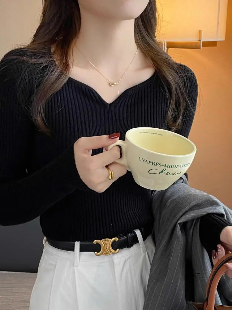 2025 Basic V-neck Chic Autumn Winter Pullover Women Female Knitted Ribbed Sweater Slim Long Sleeve Badycon High Quality Sweater