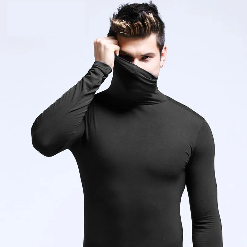 New Men Fashion T Shirt Tees Slim Tops Male Stretch T-shirt Turtleneck Long Sleeve Tee Shirts High Collar Men's Tees