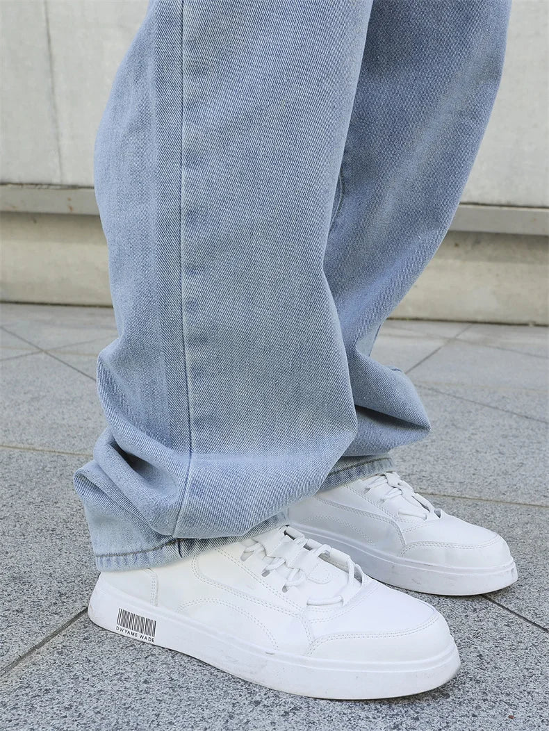 Men's Baggy Denim Jeans Loose Straight Wide Leg Trousers Solid Color