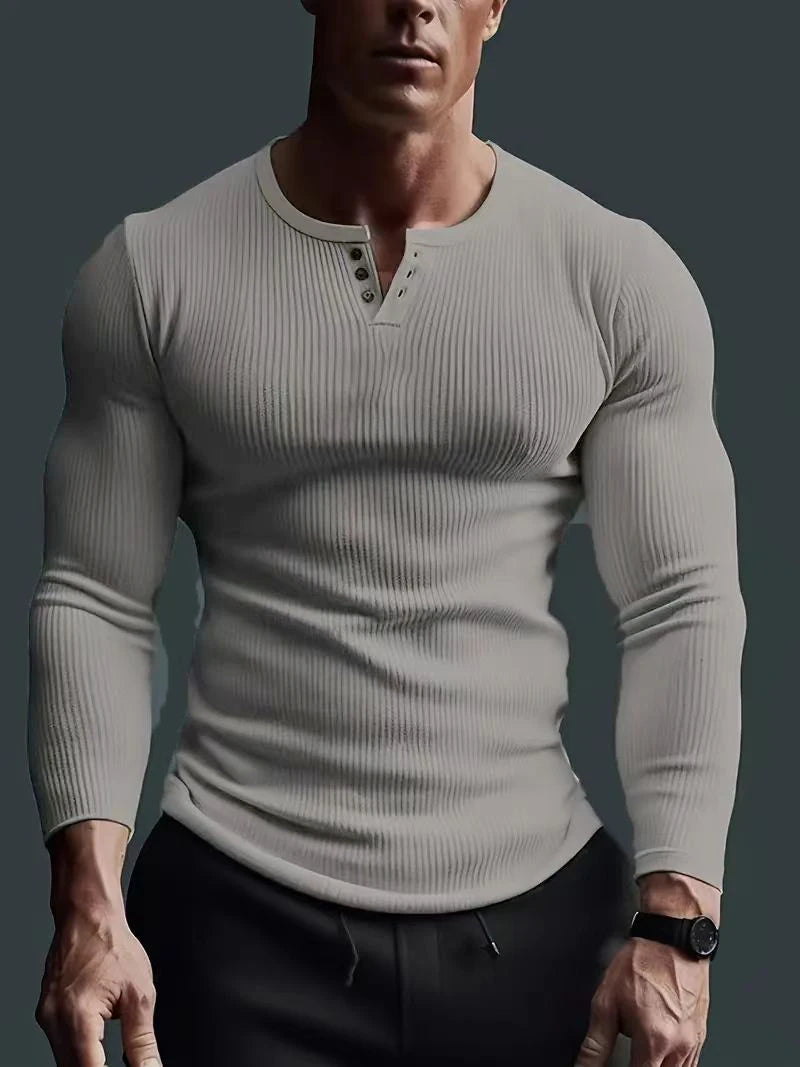 Autumn Men's Collarless Breasted Henry Shirt Top Fitness High Stretch Base Shirt Solid Color Plus Size Casual Long Sleeve