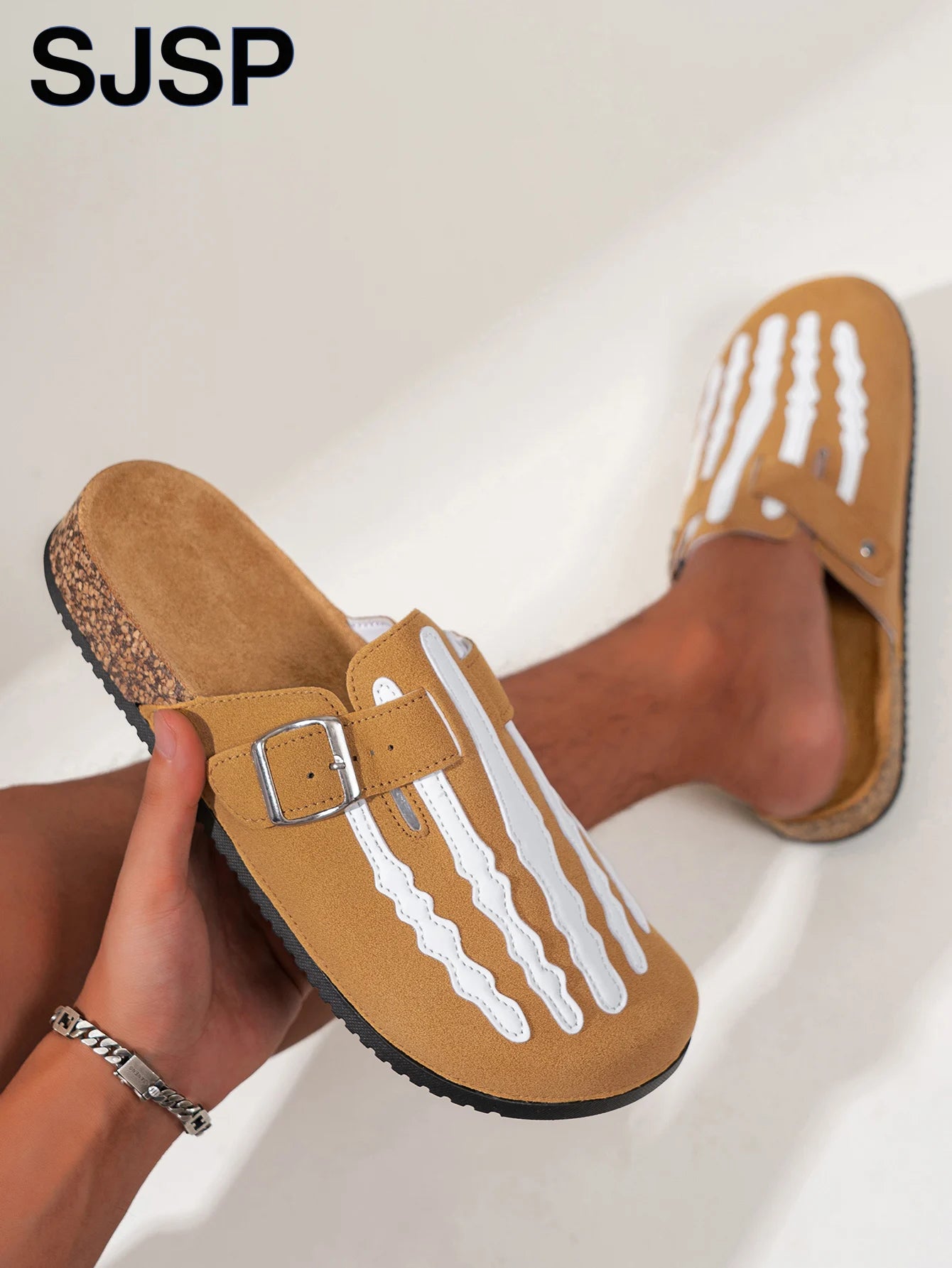 Skeleton Print Slip On Sandals With Buckle Strap Closed Toe For Men