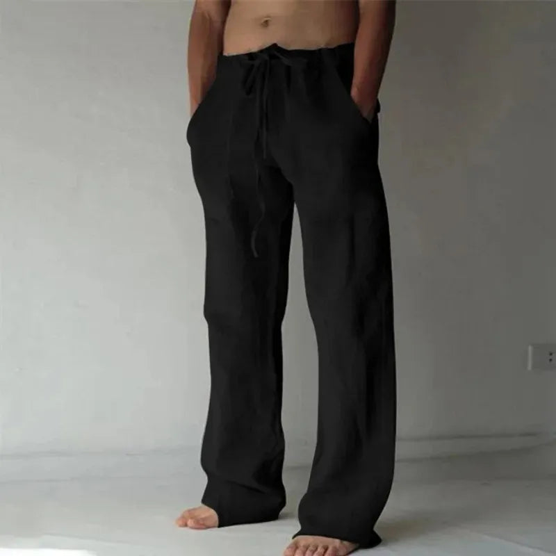 Men's Cotton Linen Ankle-Length Solid Color Breathable Elastic Waist Pants