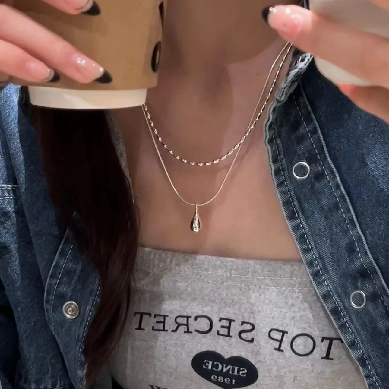 2025 Silver Simple Design Drop Pendant Necklace for Women Double Collar Chain Fashion Fine Jewelry Gifts Long Layered Necklace