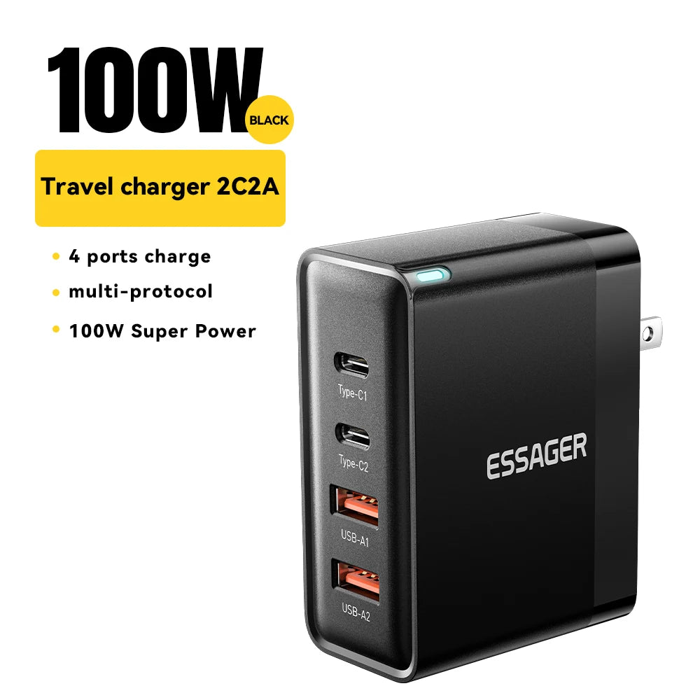 Essager 100W USB Type C Charger 65W PD Quick Charge4.0 3.0 Type-C Fast Charging For iPhone 16 15 14 13 Pro Xiaomi Macbook Laptop