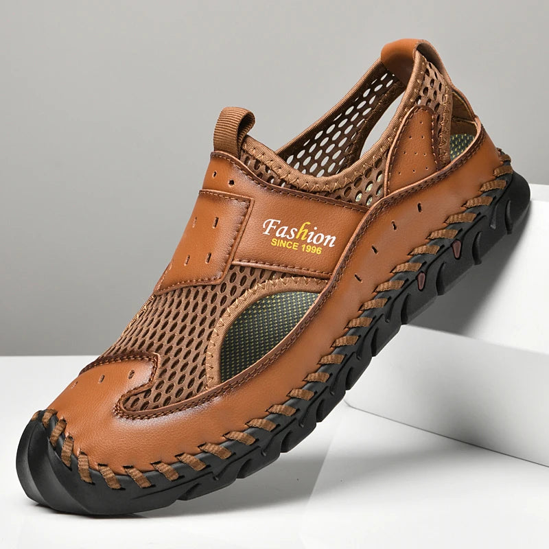 Men's Breathable Leather and Mesh Sandals with Elastic Band