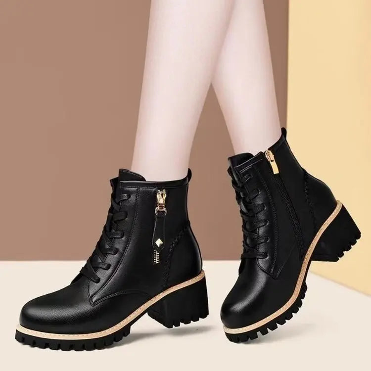 Women's Chunky Sole Ankle Boots Lace-Up & Side-Zip Combat Boots Winter Fleece-Lined Booties Versatile Leather Boots Platfo