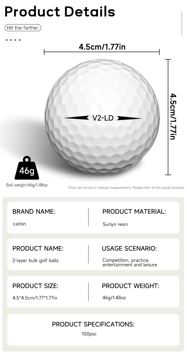 Caiton 100pcs 2-Layer Golf Balls - 332 Dimple, Max Distance, Spin Control, Durable, Precision - For Golf Training & Play