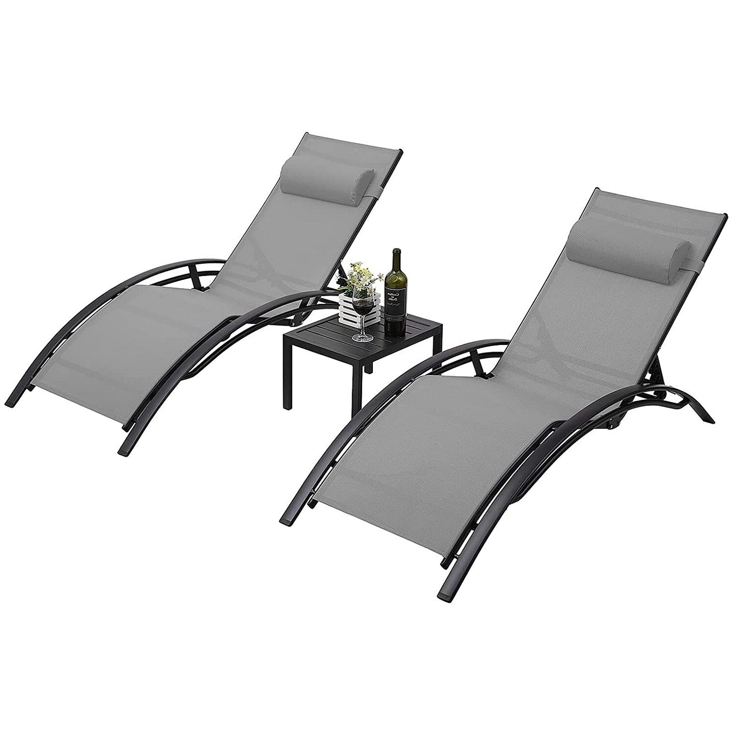 Aluminum Lounge Chair for Outside with 5 Adjustable Positions+Table 3Pcs Chaise Outdoor for Pool, Garden,Beach,Camping,Backyard