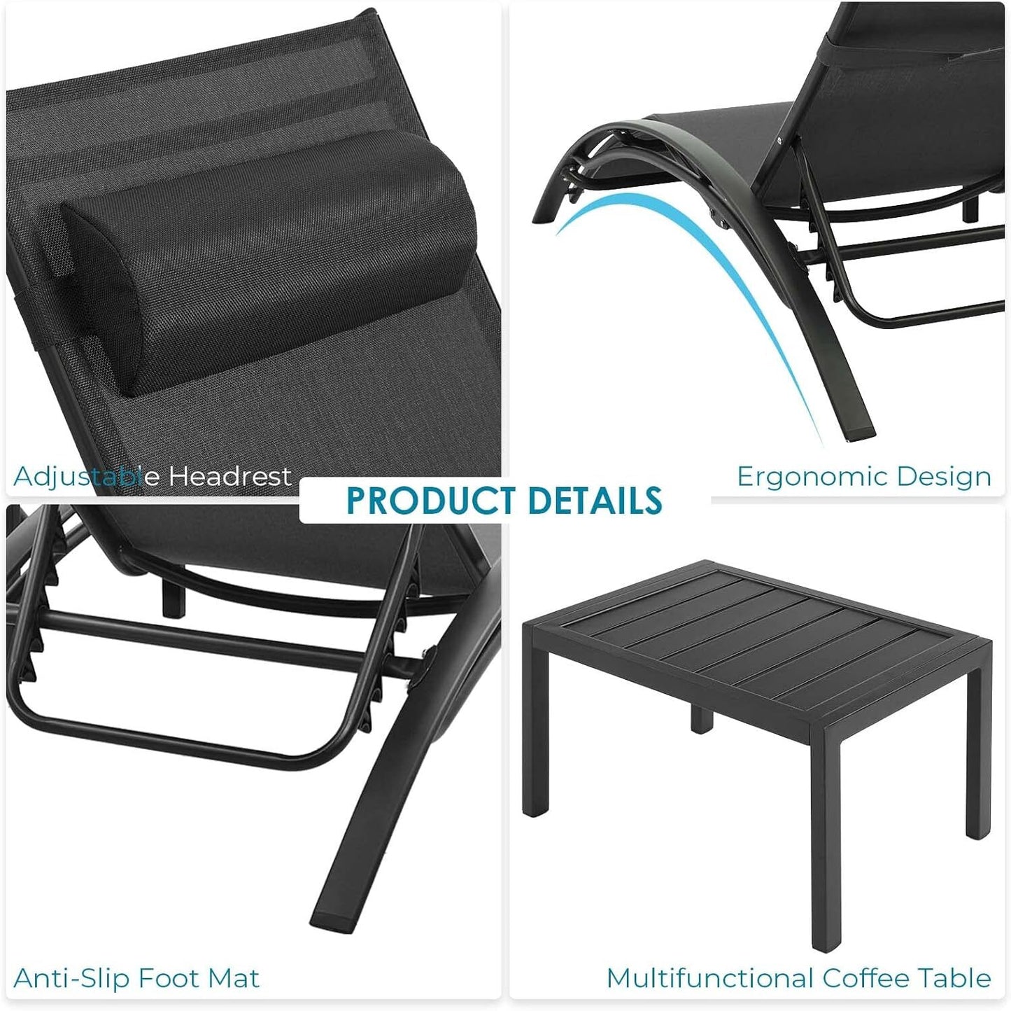 Aluminum Lounge Chair for Outside with 5 Adjustable Positions+Table 3Pcs Chaise Outdoor for Pool, Garden,Beach,Camping,Backyard