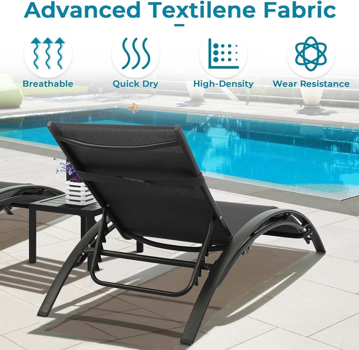 Aluminum Lounge Chair for Outside with 5 Adjustable Positions+Table 3Pcs Chaise Outdoor for Pool, Garden,Beach,Camping,Backyard