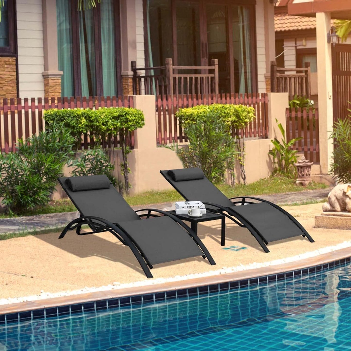 Aluminum Lounge Chair for Outside with 5 Adjustable Positions+Table 3Pcs Chaise Outdoor for Pool, Garden,Beach,Camping,Backyard