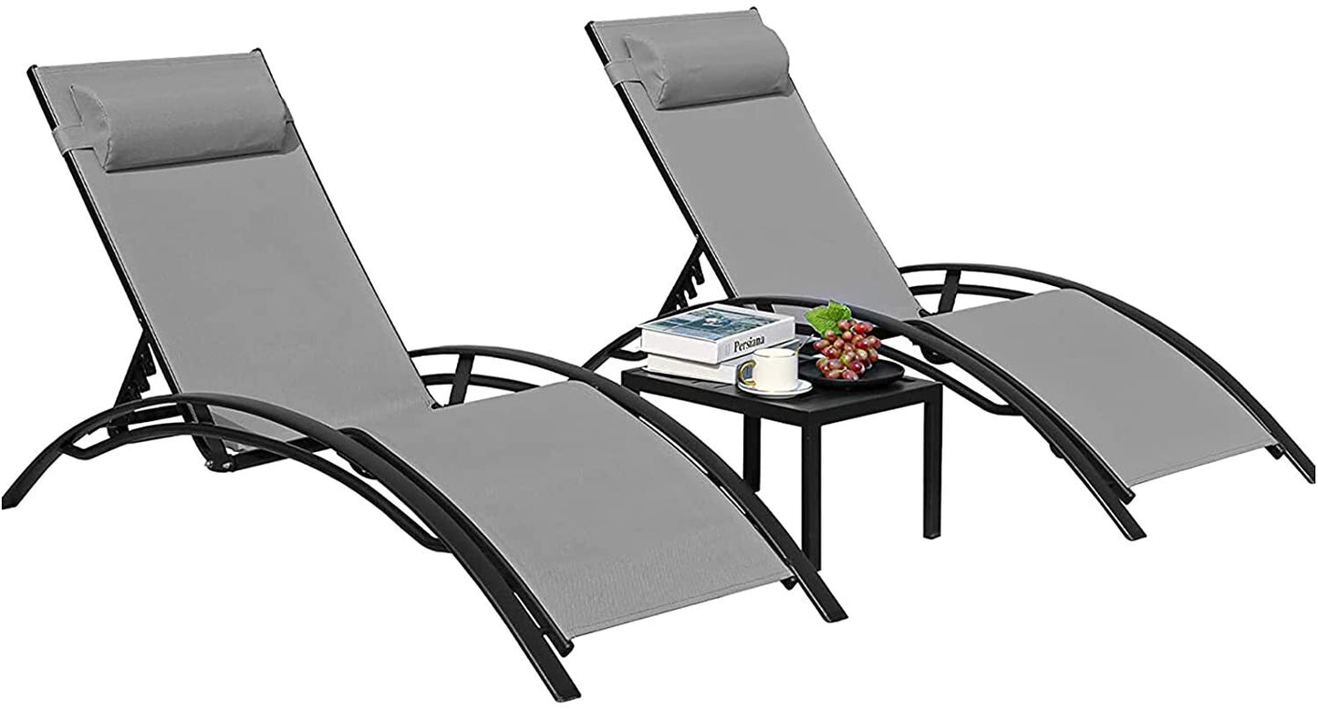 Aluminum Lounge Chair for Outside with 5 Adjustable Positions+Table 3Pcs Chaise Outdoor for Pool, Garden,Beach,Camping,Backyard