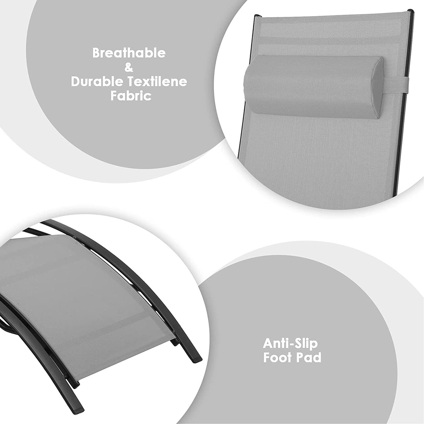 Aluminum Lounge Chair for Outside with 5 Adjustable Positions+Table 3Pcs Chaise Outdoor for Pool, Garden,Beach,Camping,Backyard