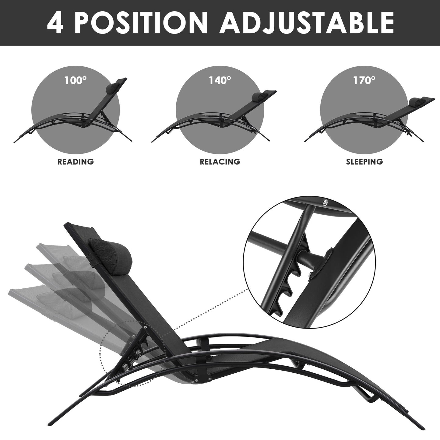 Aluminum Lounge Chair for Outside with 5 Adjustable Positions+Table 3Pcs Chaise Outdoor for Pool, Garden,Beach,Camping,Backyard