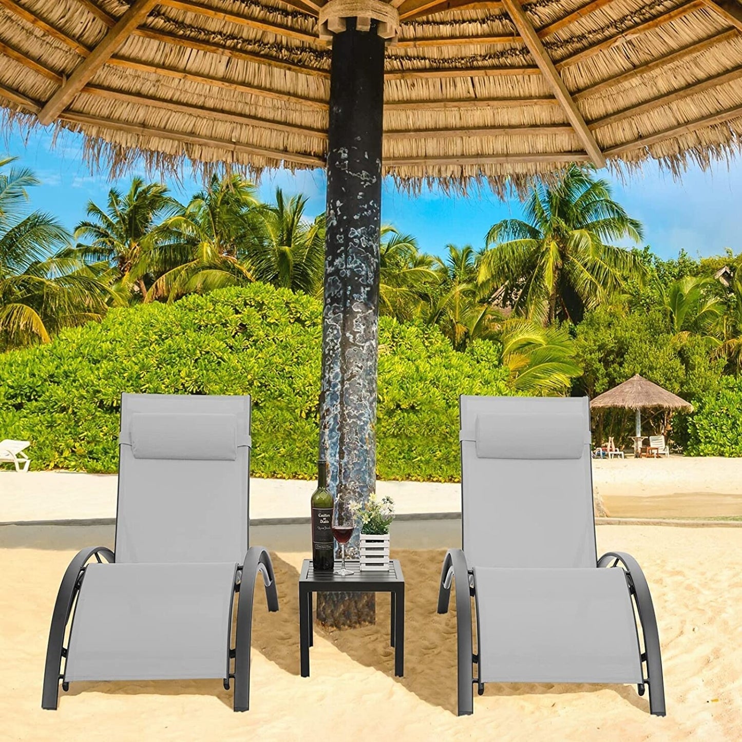 Aluminum Lounge Chair for Outside with 5 Adjustable Positions+Table 3Pcs Chaise Outdoor for Pool, Garden,Beach,Camping,Backyard