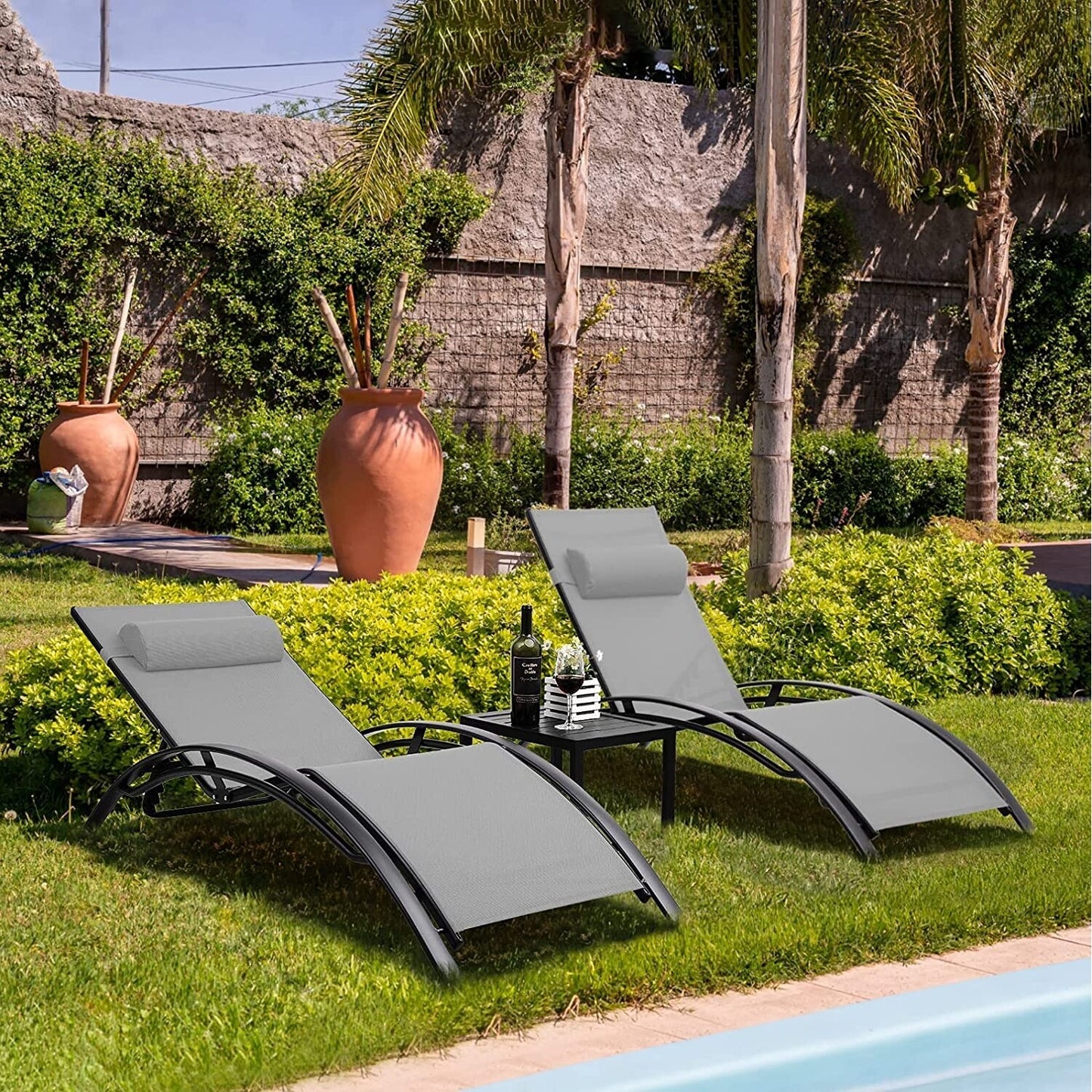 Aluminum Lounge Chair for Outside with 5 Adjustable Positions+Table 3Pcs Chaise Outdoor for Pool, Garden,Beach,Camping,Backyard